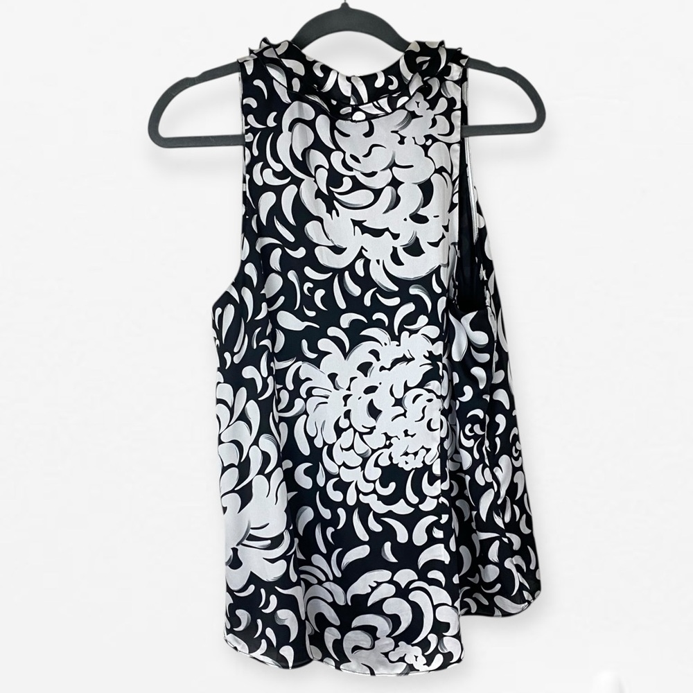 White House Black Market Ruffled Black and White Career Blouse Top L - Picture 6 of 9